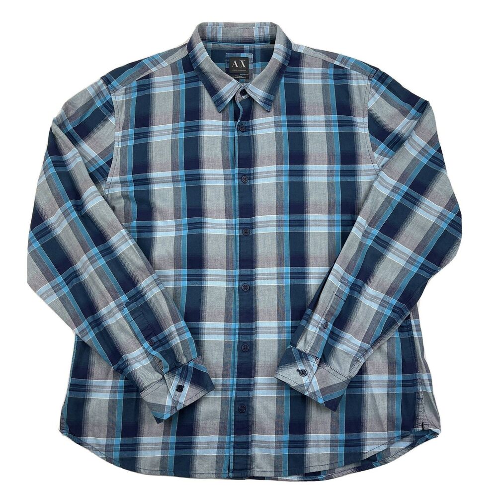 Armani Exchange A|X Mens XL Blue Fitted Casual Plaid Long Sleeve Button Up Shirt